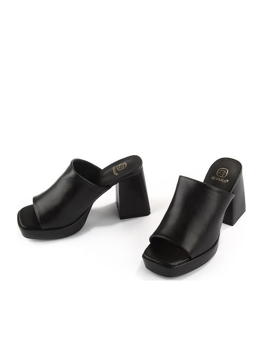 Leather Mules with High Heel in Black Color