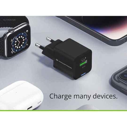 Conceptronic Φορτιστής με Θύρα USB-A και Θύρα USB-C 33W Power Delivery / Quick Charge 2.0 Μαύρος (ALTHEA16B)