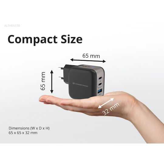 Conceptronic Φορτιστής με Θύρα USB-A και 2 Θύρες USB-C και Καλώδιο USB-C - USB-C 67W Power Delivery Μαύρος (ALTHEA17B)