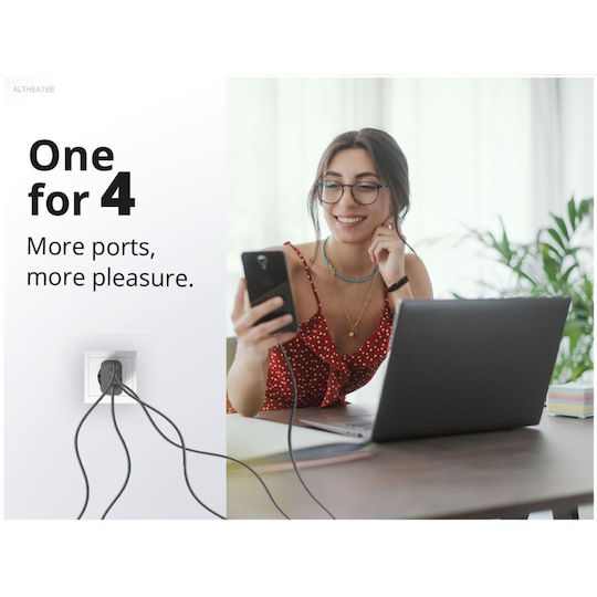 Conceptronic Φορτιστής GaN με Θύρα USB-A και 3 Θύρες USB-C και Καλώδιο USB-C - USB-C 100W Power Delivery / Quick Charge 3.0 Μαύρος (ALTHEA18B)