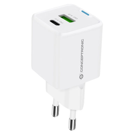Conceptronic Charger Without Cable with USB-A Port and USB-C Port 20W Power Delivery / Quick Charge 3.0 Whites (ALTHEA15W)