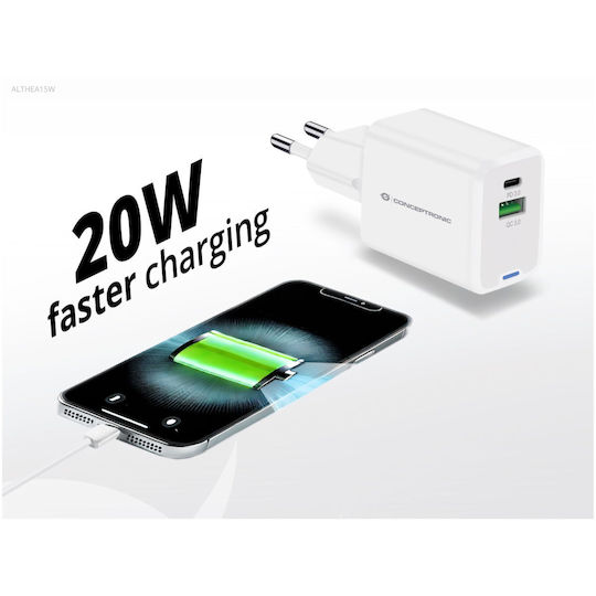 Conceptronic Charger Without Cable with USB-A Port and USB-C Port 20W Power Delivery / Quick Charge 3.0 Whites (ALTHEA15W)