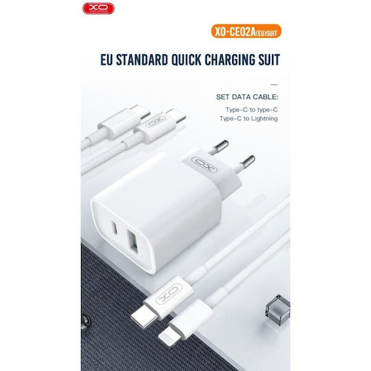 XO Ladegerät mit USB-A Anschluss und USB-C Anschluss und Kabel USB-C - Lightning 20W Stromlieferung Weißs (CE02A)