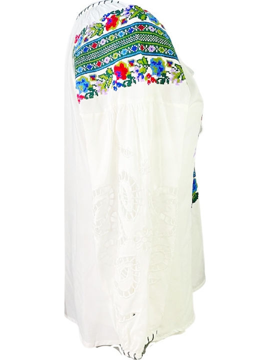 Bluza Damă Bumbac Mânecă Lungă Floral Alb Verde