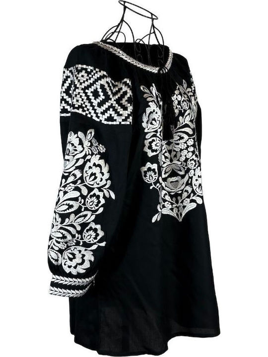 Damen Bluse Baumwolle Langärmelig Black/white