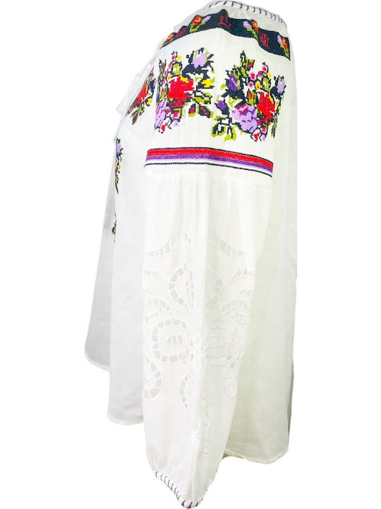 Bluze Damă Bumbac Mânecă Lungă Floral Alb Mov