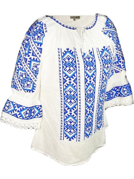 Bluze Damă Mânecă Lungă Bumbac Floral Alb/azur Albastru