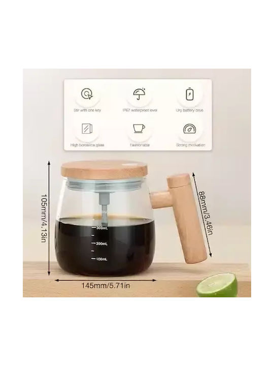 Waterproof Glass Self-Stirring Mug Wooden Lid Handle 400ml Home Theory