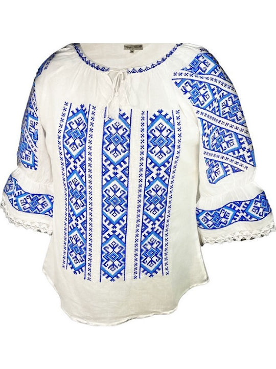 Bluze Damă Mânecă Lungă Bumbac Floral Alb/azur Albastru