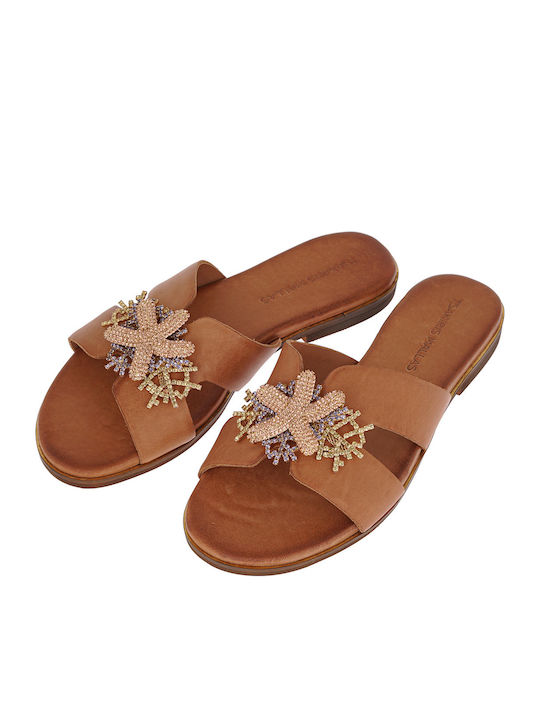 Leather Women's Flat Sandals in Tabac Brown Color