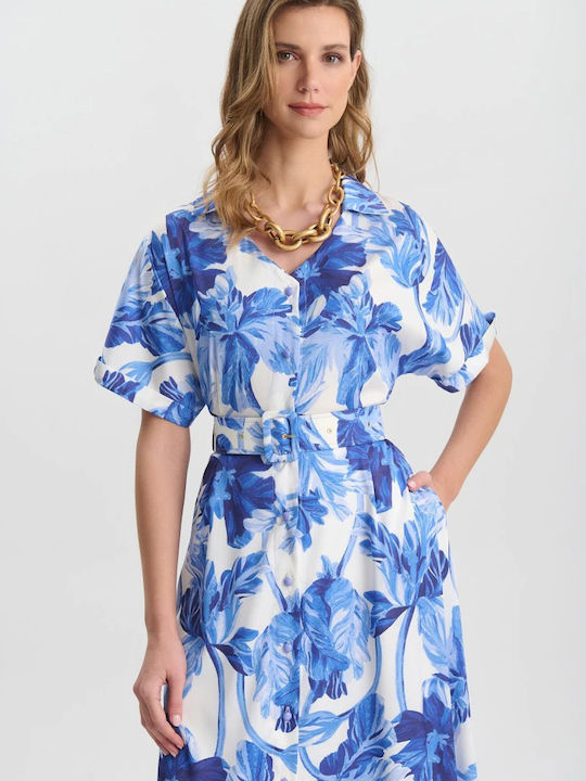 Summer Midi Dress for Wedding - Christening Satin Blue 05-9056-Roua