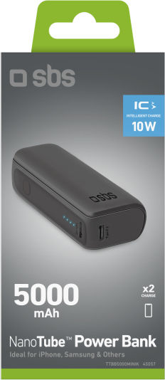 SBS Ultra Compact Power Bank 5000mAh 10W με Θύρα USB-A και Θύρα USB-C Μαύρο