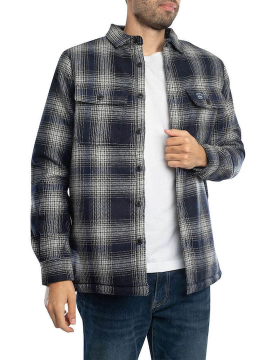 Miller Long Sleeve Overshirt in Regular Fit Checked Navy Blue
