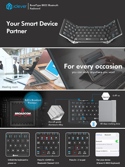 iClever BoostType IC-BK03 Ασύρματο Bluetooth Πληκτρολόγιο με Touchpad Αγγλικό US Foldable