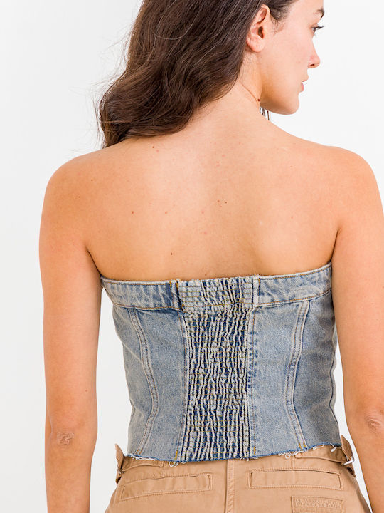 Women's Blouse Cotton Strapless Blue