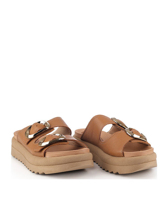 Δερμάτινα Γυναικεία Ανατομικά Σανδάλια Flatforms Καφέ