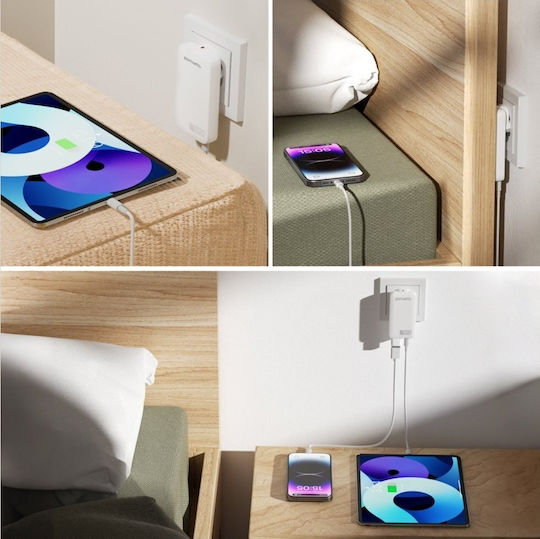 4Smarts Φορτιστής Χωρίς Καλώδιο GaN με 2 Θύρες USB-C 65W Power Delivery Λευκός (FlatPlug Slim)