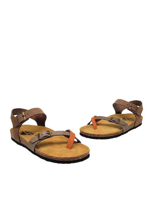 Leather Women's Flat Sandals Khaki Coral Brown