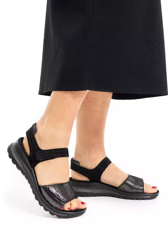 Leather Women's Flat Sandals Anatomic in Black Color