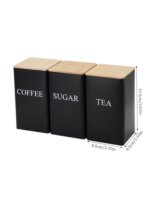 Set of 3pcs Jars for Sugar / Coffee / Tea with Lid Metallic Black