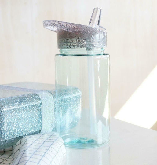 A Little Lovely Company Glitter Παιδικό Παγούρι Πλαστικό με Καλαμάκι Ασημί 450ml