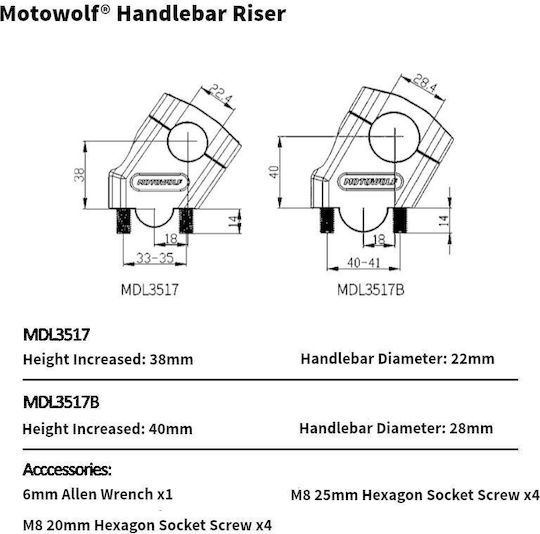 Motowolf Motorcycle Handlebar Risers 5cm Φ22mm 3517mdl Silver