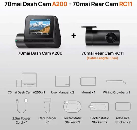 Xiaomi 70mai Dash A200 & Camera RC11 1080P Windshield Car DVR Set with Rear Camera, Display with Adhesive Tape