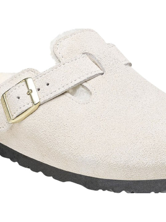 Boston Shearling Suede Χειμερινές Γυναικείες Παντόφλες με Γούνα Λευκές Narrow Fit