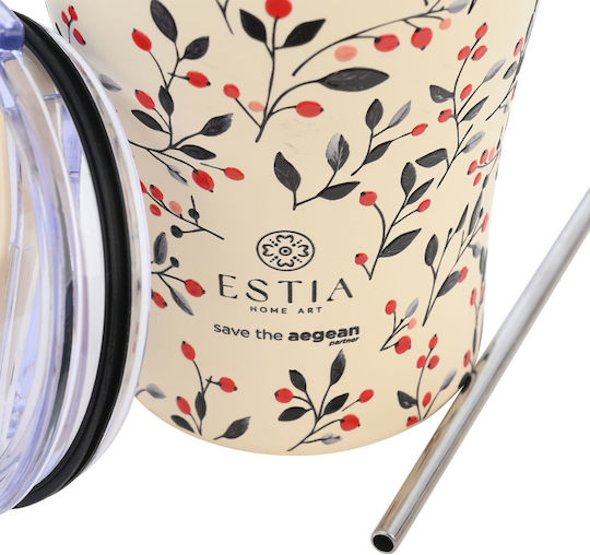 Estia Coffee Mug Save The Aegean Recyclable Glass Thermos Stainless Steel BPA Free 350ml Bloom Beige with Straw