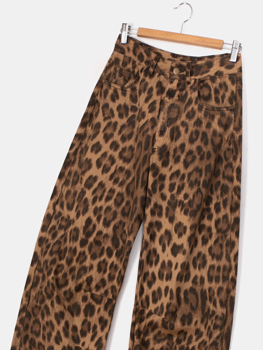 Women's High-Waisted Animal Print Trousers Brown Brown