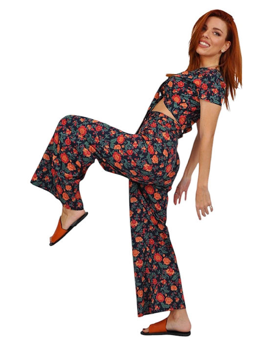 Women's Blue Set with High-waisted Pants Floral