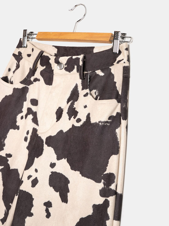 Women's High-Waisted Printed Trousers Beige Beige