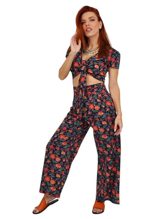 Women's Blue Set with High-waisted Pants Floral
