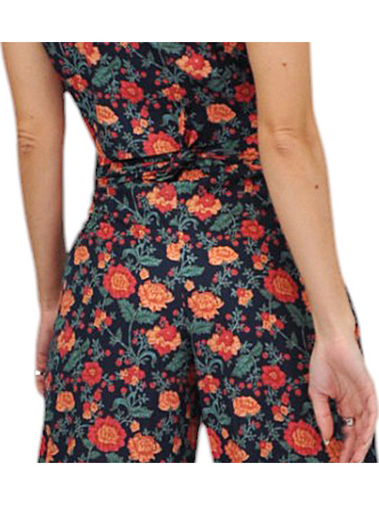 Women's Blue Set with High-waisted Pants Floral