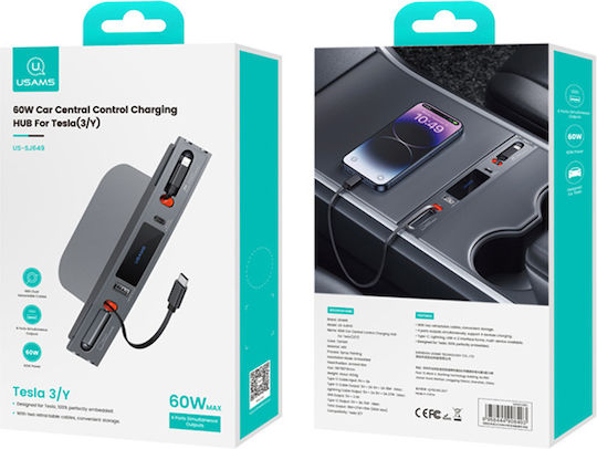 Usams Φορτιστής Αυτοκινήτου Us-sj649 Tesla 3/y 2x Καλώδια Usb/usb-c Θύρες 60w Γκρι Sj649hub01