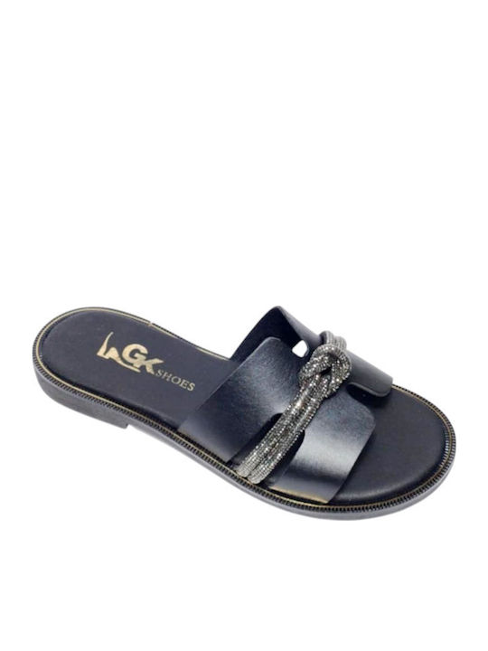 Leather Women's Flat Sandals in Black Color
