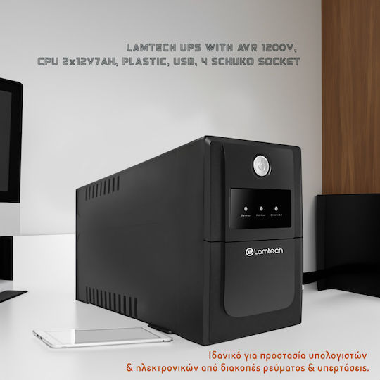 Lamtech K1200VA AVR UPS Line-Interactive 720W with 3 Schuko Power Plugs