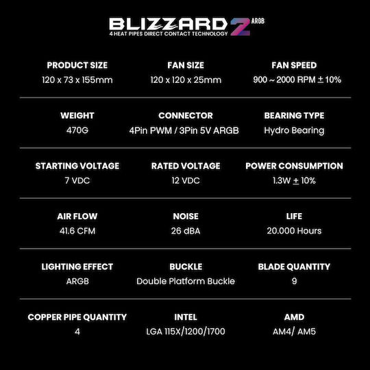 Armaggeddon Blizzard 2 CPU Cooling Fan with ARGB for AM4/AM5/1200/115x/1700 Socket