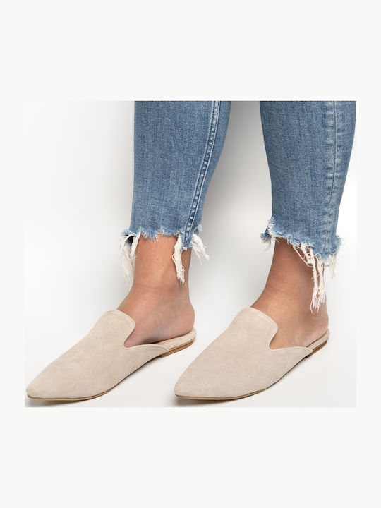 Flach Wildleder Mules in Beige Farbe