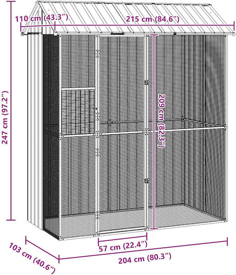 Vidaxl Bird Cage Grey 215x110x247 cm Steel Grey