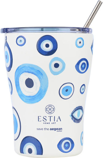 Estia Coffee Mug Save The Aegean Recyclable Glass Thermos Stainless Steel BPA Free 350ml Amalfi Coast with Straw