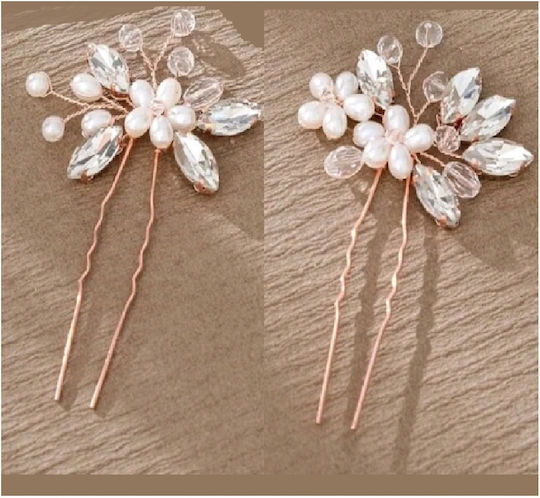 Σετ Νυφική Φουρκέτα 2 Τμχ Κρύσταλλα Flowers Rose Gold