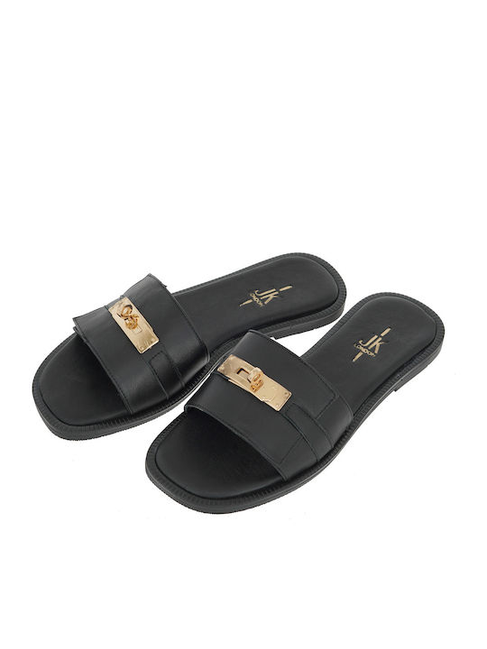 Leather Women's Flat Sandals in Black Color