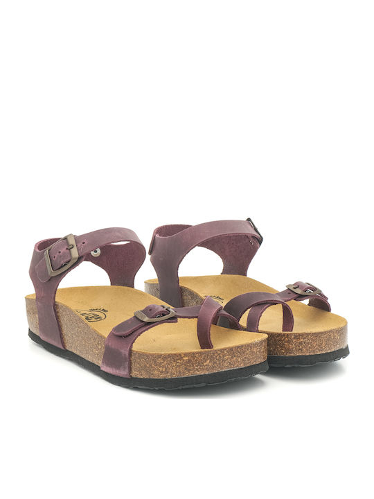 Leather Women's Flat Sandals with Strap in Purple Color