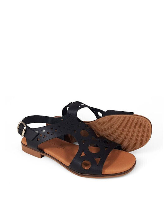 Leather Women's Flat Sandals in Black Color