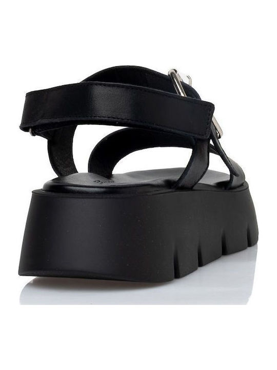 Leather Women's Flat Sandals in Black Color
