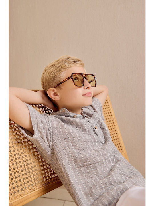 Kids Striped Shirt Short Sleeve Linen Grey