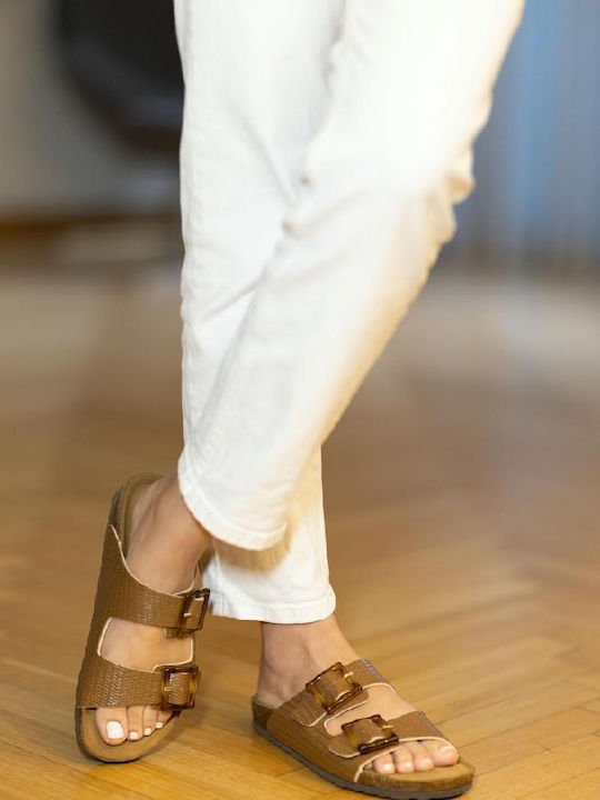 Leather Women's Flat Sandals in Tabac Brown Color
