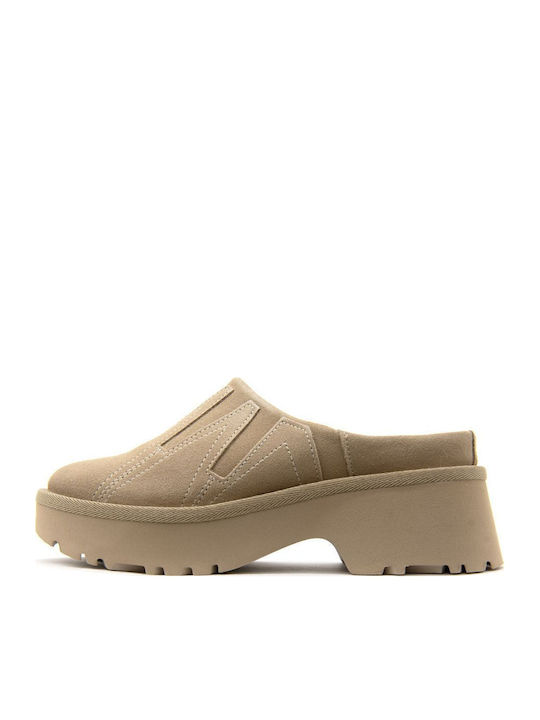 New Heights Sunwave Clogs Suede Mules με Χοντρό Ψηλό Τακούνι σε Μπεζ Χρώμα