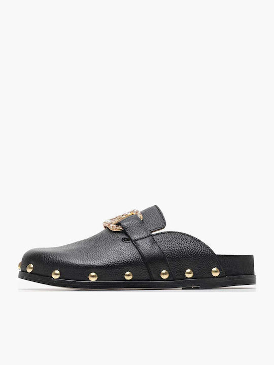 Leder Mules mit Absatz in Schwarz Farbe